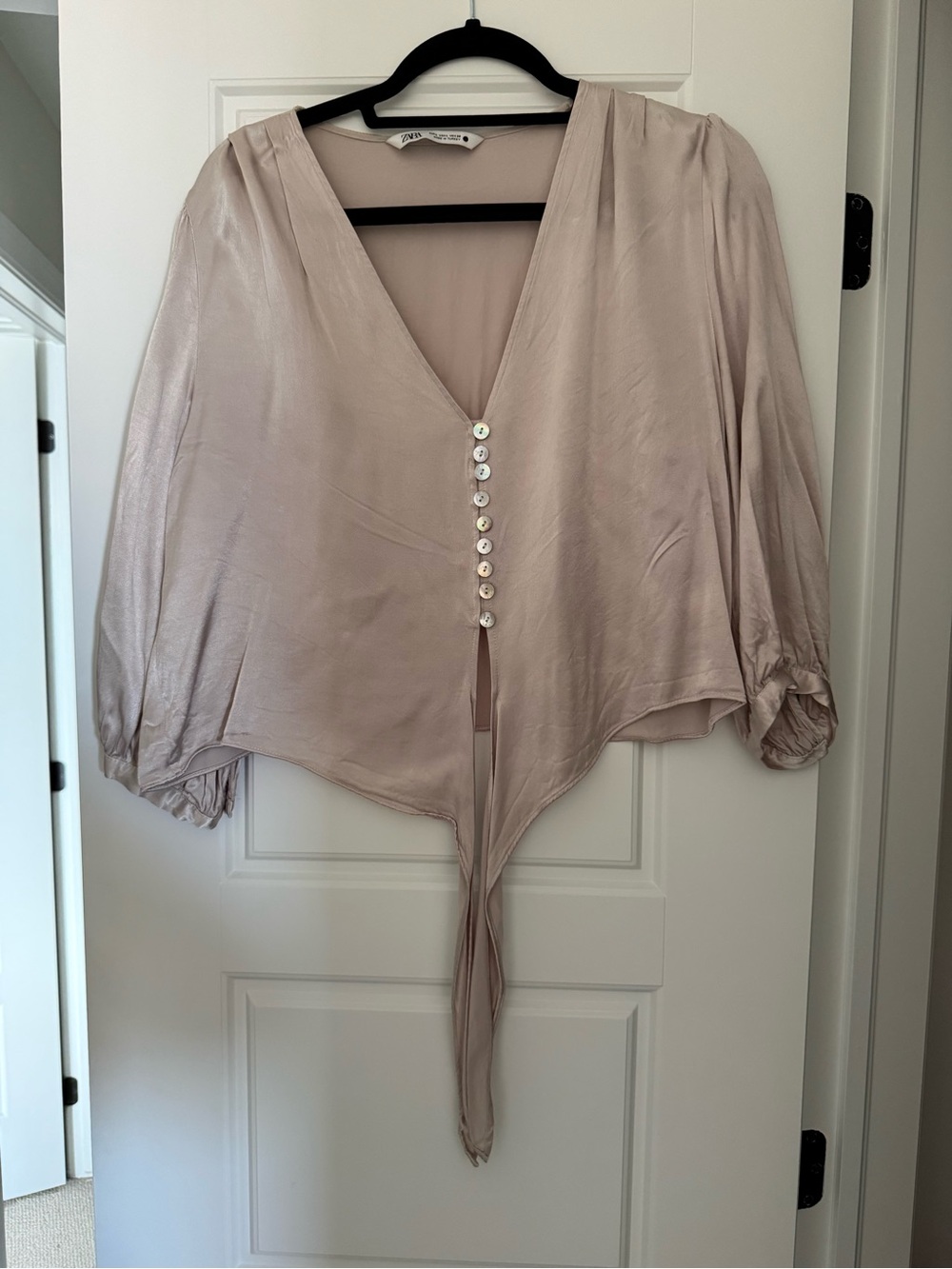 Zara Dusty Pink Satin V-Neck Button Front Blouse